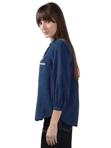 Latin Quarters Women Blue Collar Neck Sleeveless Striped Shirt Blouse_M SaumyasStore