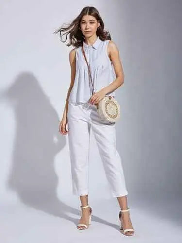 Latin Quarters Women Blue Collar Neck Sleeveless Striped Shirt Blouse_M SaumyasStore