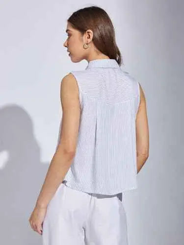 Latin Quarters Women Blue Collar Neck Sleeveless Striped Shirt Blouse_M SaumyasStore