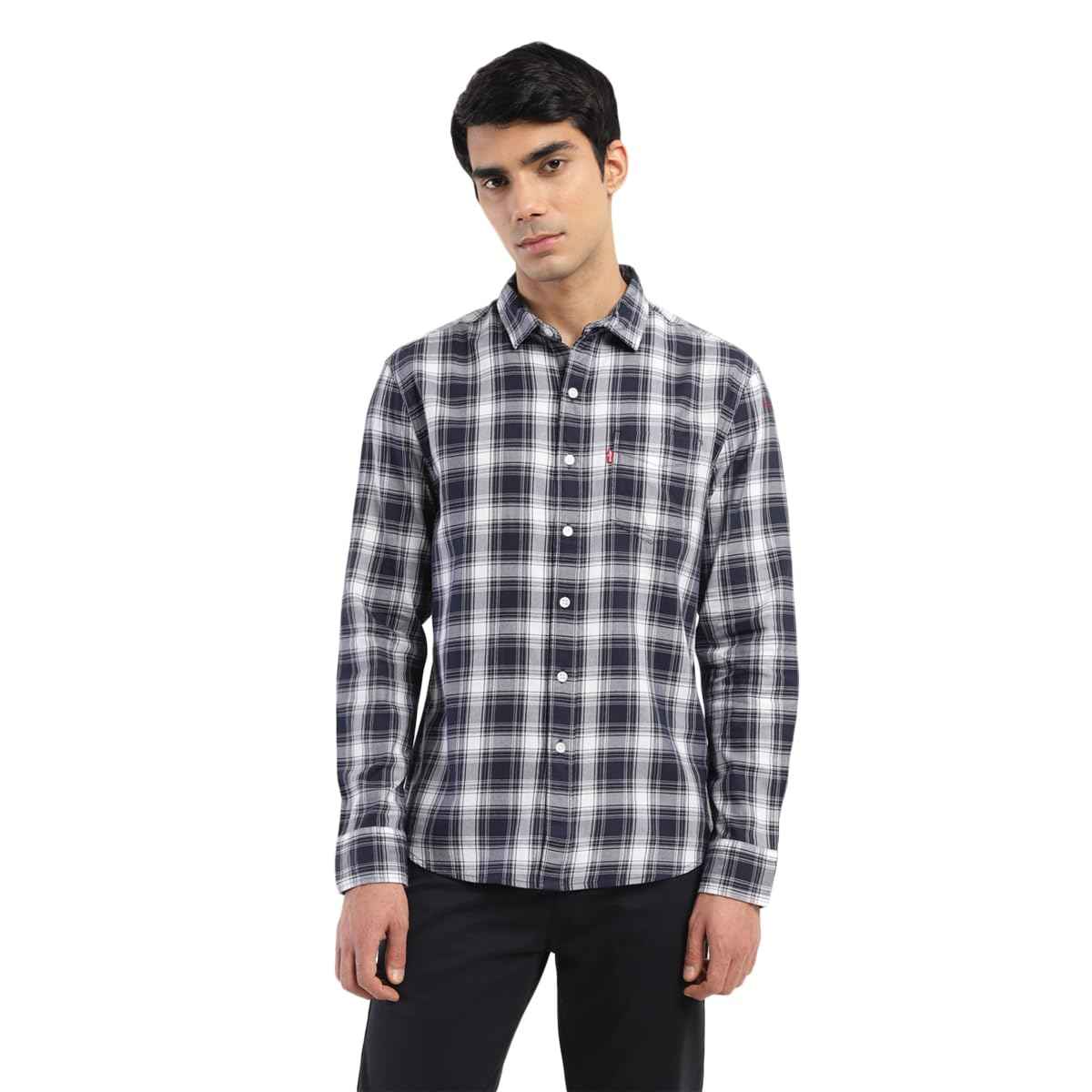 Levi's Men's Spread Collar Slim Fit Checked Shirts Dark Navy SaumyasStore