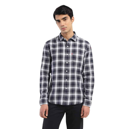 Levi's Men's Spread Collar Slim Fit Checked Shirts Dark Navy SaumyasStore