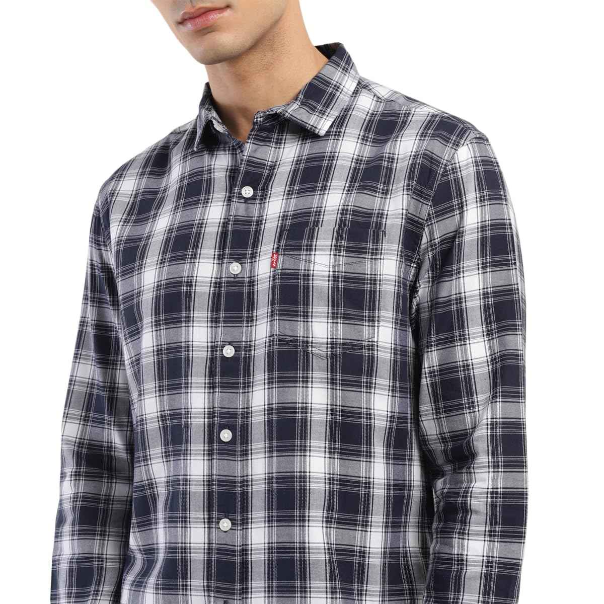 Levi's Men's Spread Collar Slim Fit Checked Shirts Dark Navy SaumyasStore