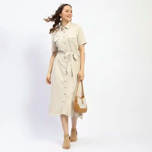Madame Beige Button Down Viscose Blend Shirt Dress SaumyasStore