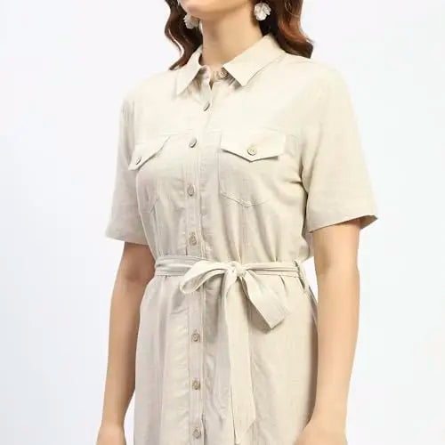 Madame Beige Button Down Viscose Blend Shirt Dress SaumyasStore