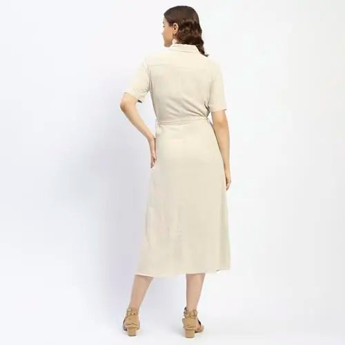 Madame Beige Button Down Viscose Blend Shirt Dress SaumyasStore