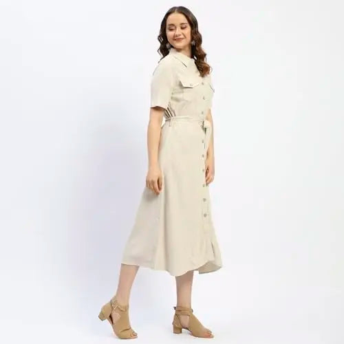 Madame Beige Button Down Viscose Blend Shirt Dress SaumyasStore
