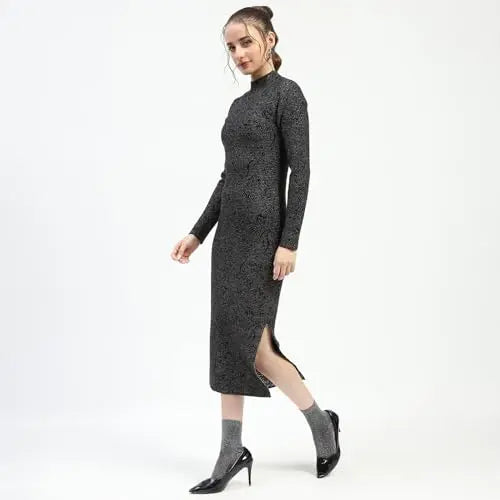 Madame Black Textured Bodycon Dress with Long Sleeves SaumyasStore