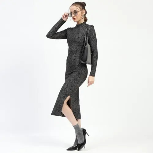 Madame Black Textured Bodycon Dress with Long Sleeves SaumyasStore