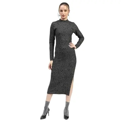 Madame Black Textured Bodycon Dress with Long Sleeves SaumyasStore