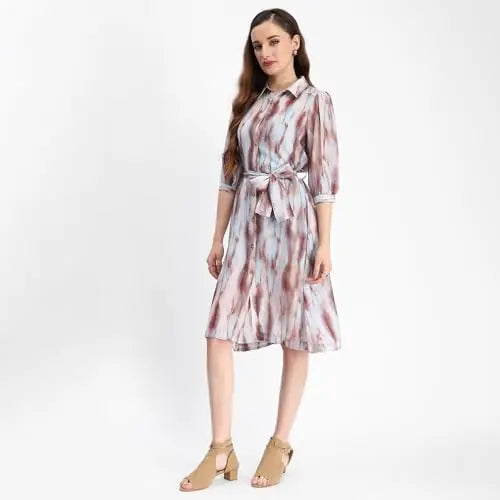 Madame Blue Abstract Print Belted A Line Midi Dress SaumyasStore