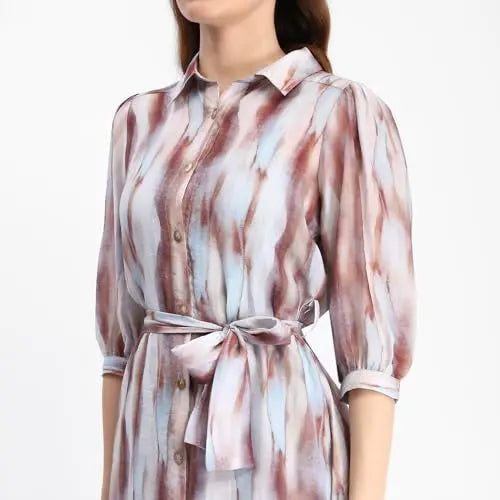 Madame Blue Abstract Print Belted A Line Midi Dress SaumyasStore