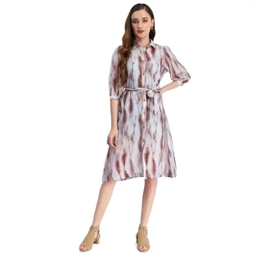 Madame Blue Abstract Print Belted A Line Midi Dress SaumyasStore