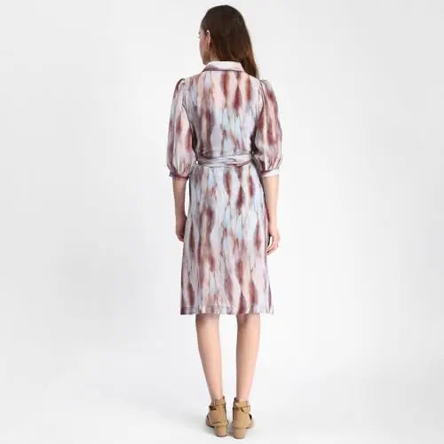 Madame Blue Abstract Print Belted A Line Midi Dress SaumyasStore