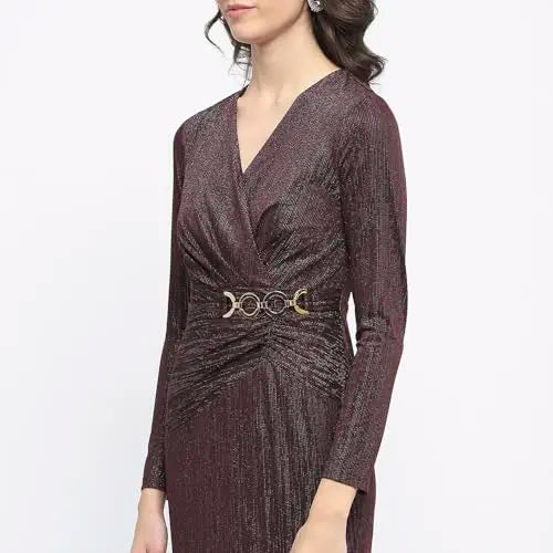 Madame Buckle Detailed Shimmery Wine Rib Knit Bodycon Dress SaumyasStore