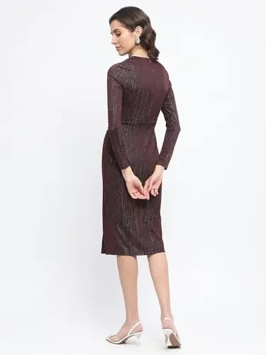 Madame Buckle Detailed Shimmery Wine Rib Knit Bodycon Dress SaumyasStore