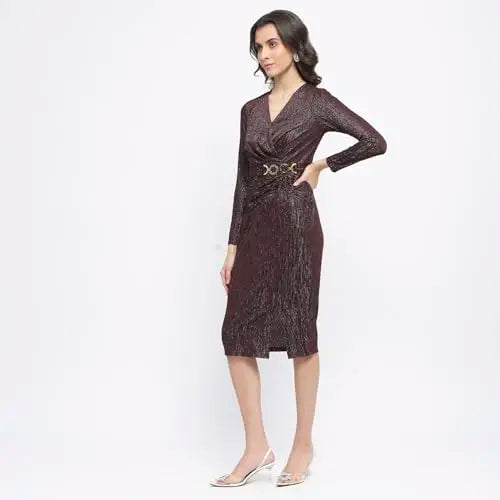 Madame Buckle Detailed Shimmery Wine Rib Knit Bodycon Dress SaumyasStore