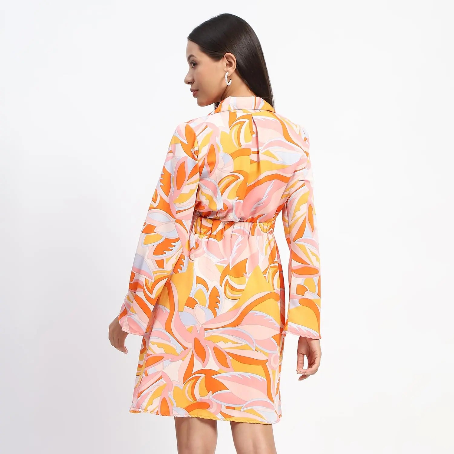 Madame Cinch Waist Abstract Print Bell Sleeves Orange Dress SaumyasStore