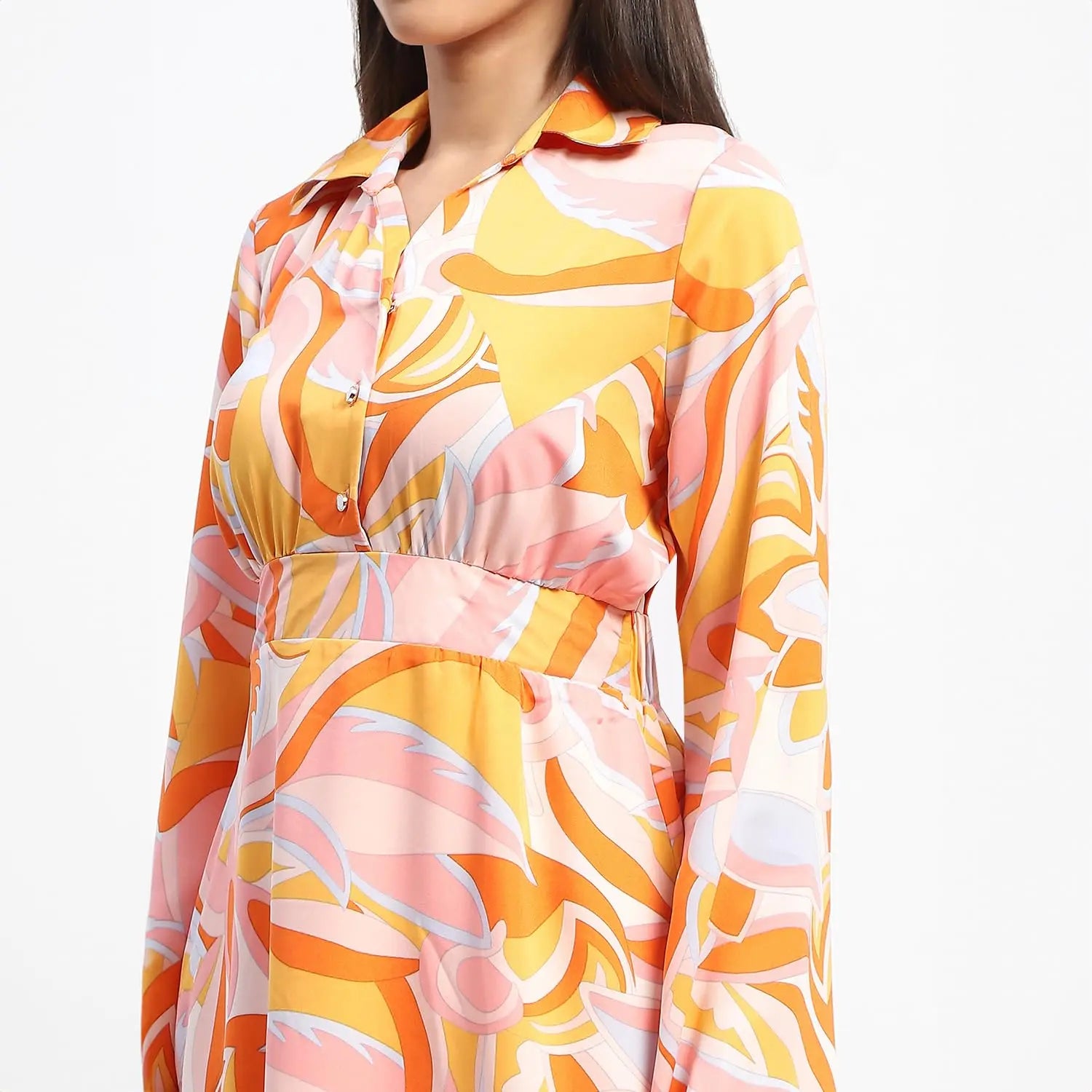 Madame Cinch Waist Abstract Print Bell Sleeves Orange Dress SaumyasStore