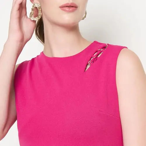 Madame Cut Detailed Sleeveless Solid Hot Pink Mini Dress SaumyasStore