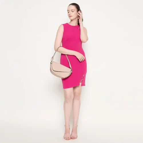 Madame Cut Detailed Sleeveless Solid Hot Pink Mini Dress SaumyasStore