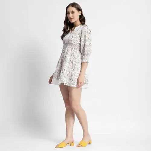 Madame Ditsy Floral Print V-Neck Mini Dress Off White SaumyasStore
