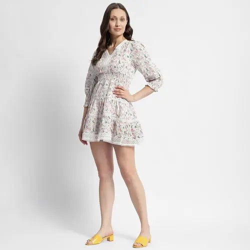 Madame Ditsy Floral Print V-Neck Mini Dress Off White SaumyasStore