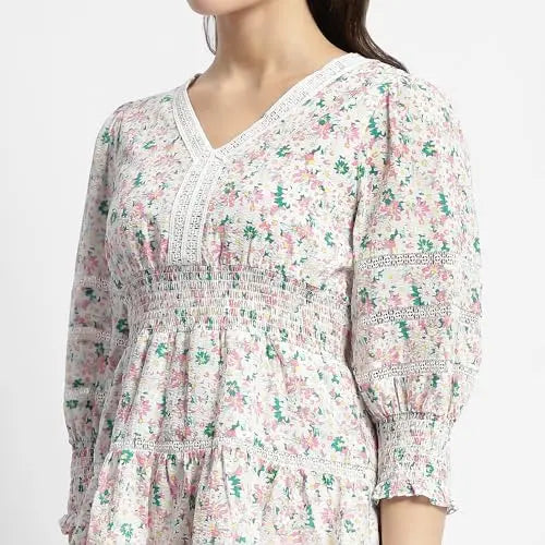 Madame Ditsy Floral Print V-Neck Mini Dress Off White SaumyasStore