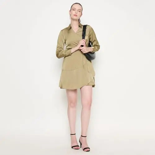 Madame Fabric Belted Cuff Sleeve Solid Green Satin Short Dress SaumyasStore