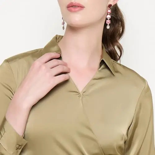 Madame Fabric Belted Cuff Sleeve Solid Green Satin Short Dress SaumyasStore