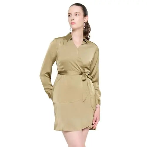 Madame Fabric Belted Cuff Sleeve Solid Green Satin Short Dress SaumyasStore