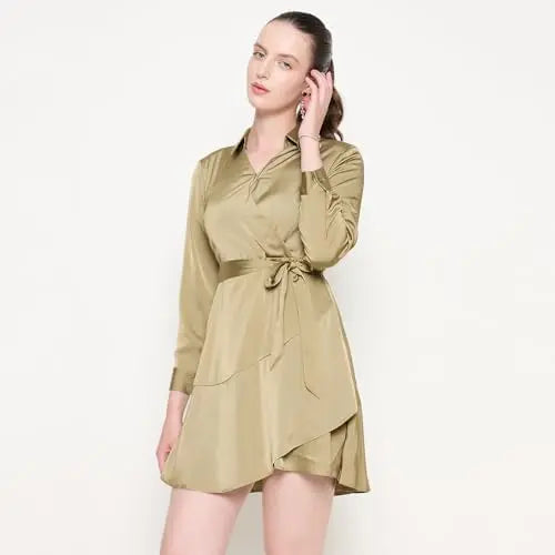 Madame Fabric Belted Cuff Sleeve Solid Green Satin Short Dress SaumyasStore