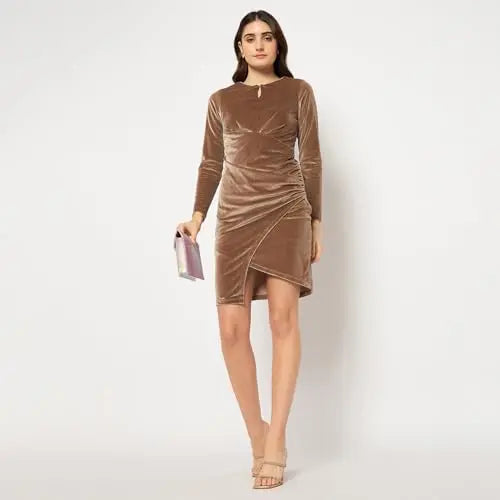 Madame Front Ruched Detailed Solid Brown Midi Velvet Dress SaumyasStore