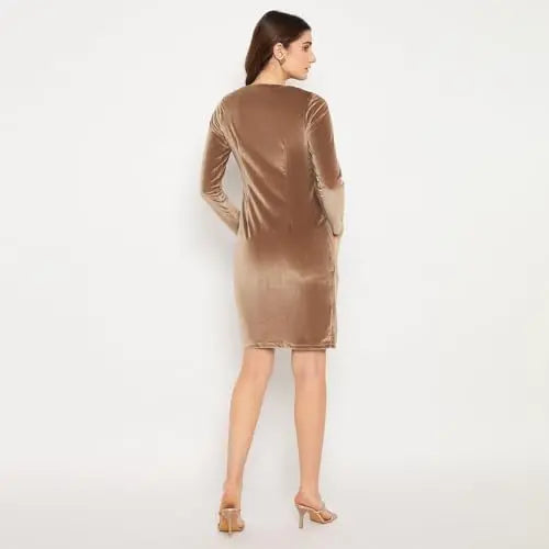 Madame Front Ruched Detailed Solid Brown Midi Velvet Dress SaumyasStore