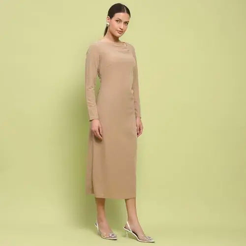 Madame Front Ruched Self Design Golden Knit Maxi Dress for Women SaumyasStore