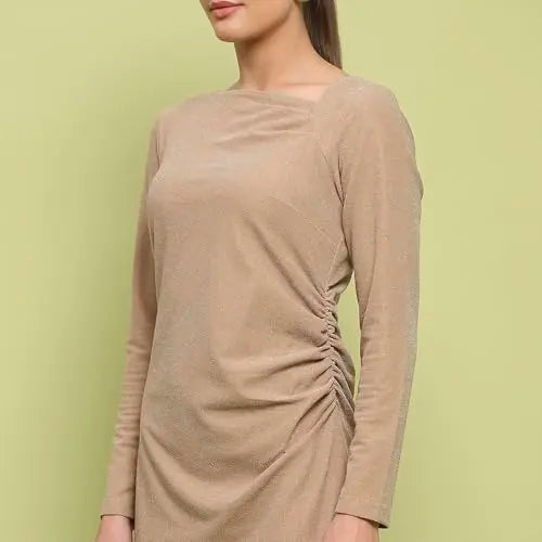 Madame Front Ruched Self Design Golden Knit Maxi Dress for Women SaumyasStore