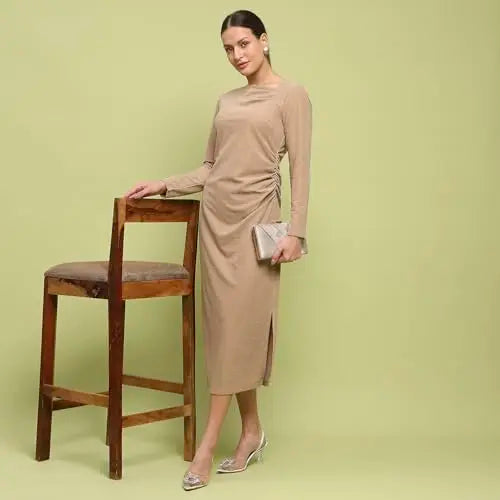 Madame Front Ruched Self Design Golden Knit Maxi Dress for Women SaumyasStore