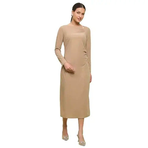 Madame Front Ruched Self Design Golden Knit Maxi Dress for Women SaumyasStore