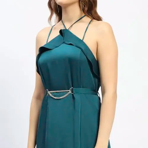 Madame Halter Neck Metal Accented Belt Teal Maxi Dress SaumyasStore