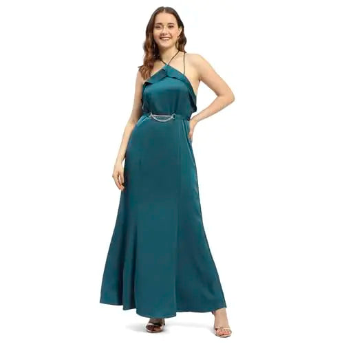 Madame Halter Neck Metal Accented Belt Teal Maxi Dress SaumyasStore
