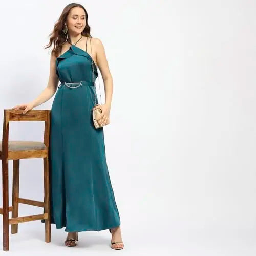 Madame Halter Neck Metal Accented Belt Teal Maxi Dress SaumyasStore