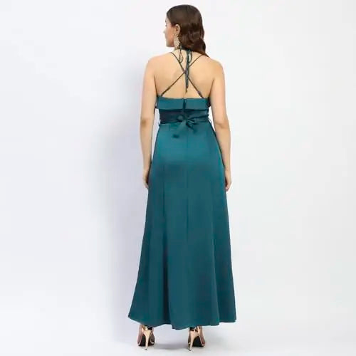 Madame Halter Neck Metal Accented Belt Teal Maxi Dress SaumyasStore