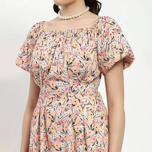 Madame Off Shoulder Orange Cotton Midi Dress SaumyasStore