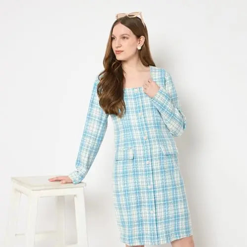 Madame Plaid Square Neck Teal Sheath Midi Dress for Women SaumyasStore