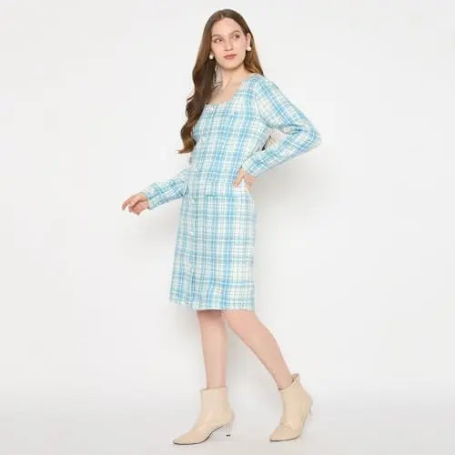 Madame Plaid Square Neck Teal Sheath Midi Dress for Women SaumyasStore