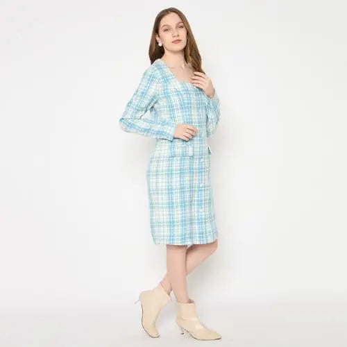 Madame Plaid Square Neck Teal Sheath Midi Dress for Women SaumyasStore