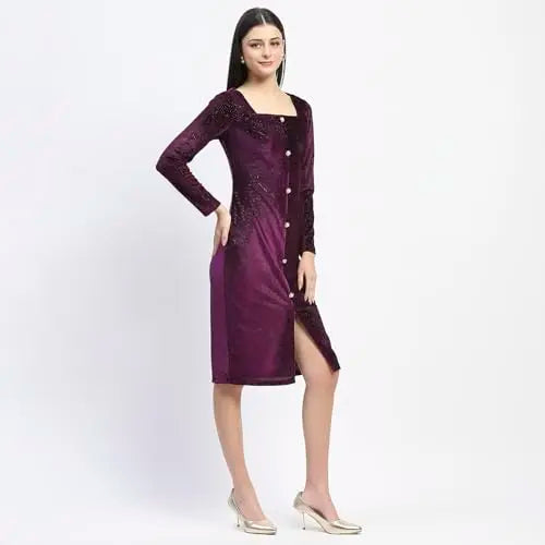 Madame Square Neck Buttoned Purple Bodycon Dress for Women SaumyasStore