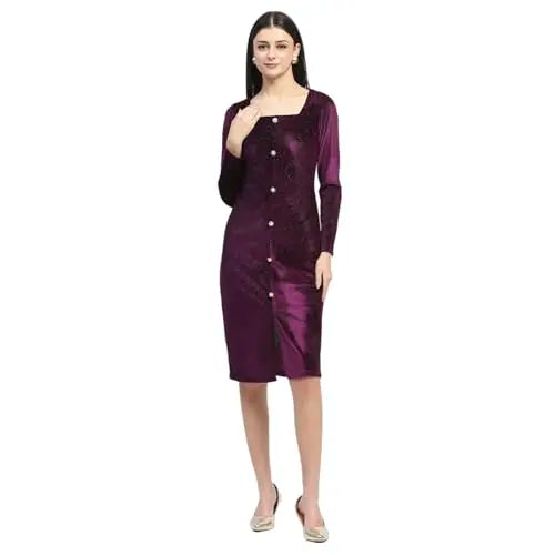 Madame Square Neck Buttoned Purple Bodycon Dress for Women SaumyasStore
