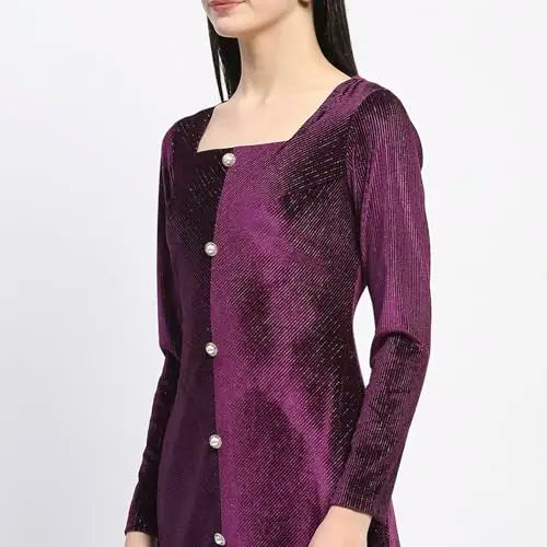 Madame Square Neck Buttoned Purple Bodycon Dress for Women SaumyasStore