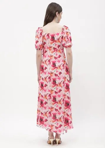 Madame Sweetheart Neck Hot Pink Floral Maxi Dress SaumyasStore