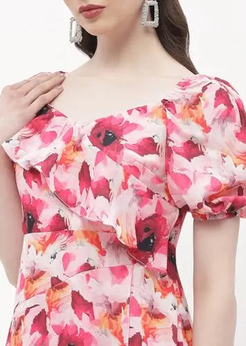 Madame Sweetheart Neck Hot Pink Floral Maxi Dress SaumyasStore